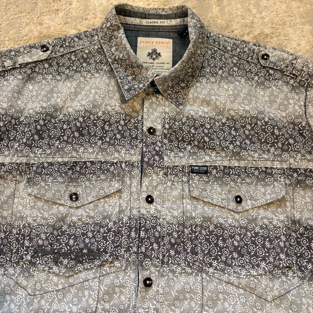 Point Zero Men's Black & Grey Ombré Floral Patterned Button Shirt Size Xlarge - Picture 5 of 12